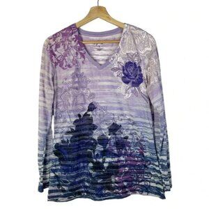 Style&Co Purple Floral Y2K V-Neck Long Sleeve T-Shirt M